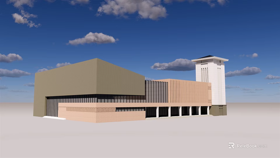 Modern Public Building Exterior With Mixed Material Facade And Tower Structure 3d model 