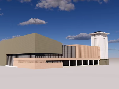 Modern Public Building Exterior With Mixed Material Facade And Tower Structure 3d model