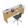 Modern Reception Desk With Marble Countertop Wooden Frame Black Chair Small Plant And Logo