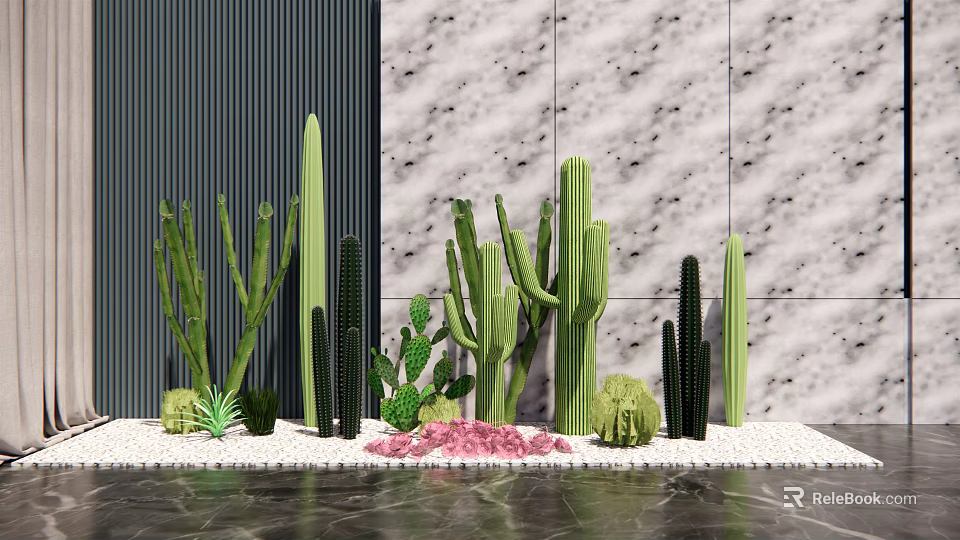 Cactus Succulent Bonsai Potted Plants with White Pebbles Pink Stones Gray Dark Striped Wall 3d model 