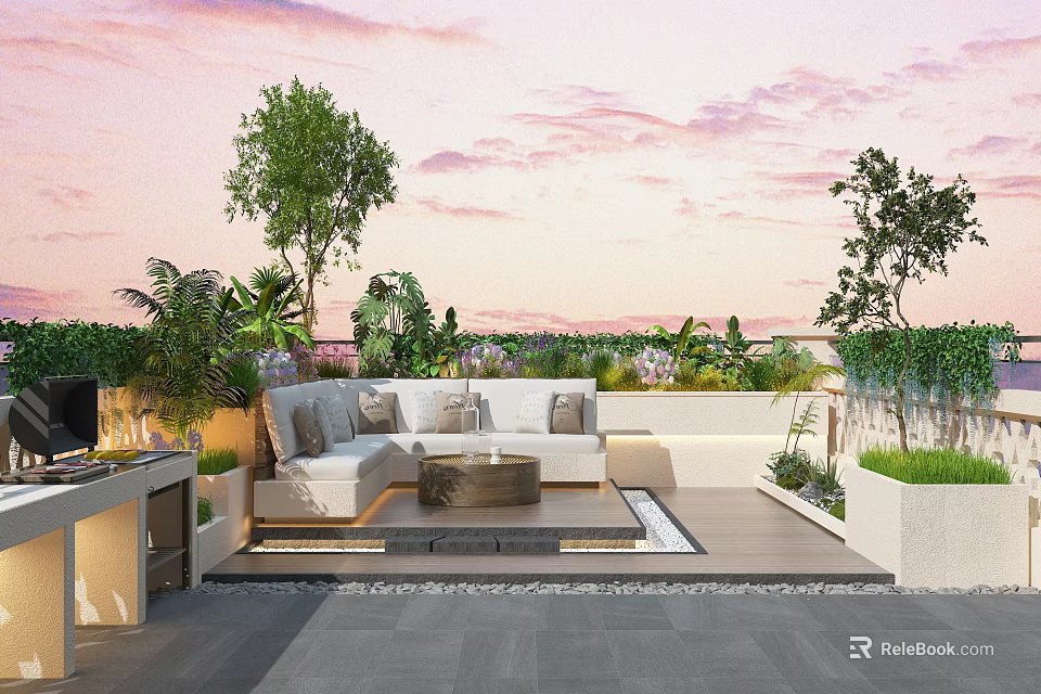 Modern Open Rooftop Terrace Garden With Sofa Green Plants And Sunset View 3d model 