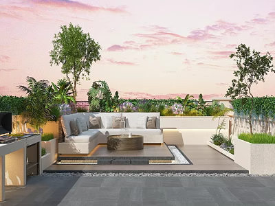 Modern Open Rooftop Terrace Garden With Sofa Green Plants And Sunset View 3d model