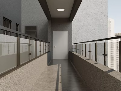 Modern Elevator Hallway With Gray Walls Glass Railings Wooden Flooring Door And Lighting 3d model