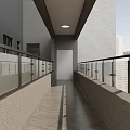 Modern Elevator Hallway With Gray Walls Glass Railings Wooden Flooring Door And Lighting