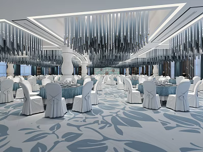 Elegant Banquet Hall Interior Design With Hanging Chandeliers Round Tables And White Chairs 3d model