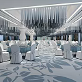 Elegant Banquet Hall Interior Design With Hanging Chandeliers Round Tables And White Chairs