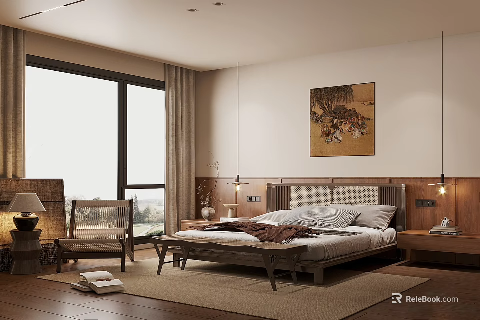 Modern Bedroom Interior Design With Bed Window Curtains Chair Artwork And Rug 3d model 