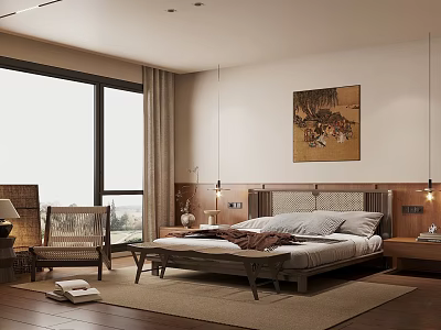 Modern Bedroom Interior Design With Bed Window Curtains Chair Artwork And Rug 3d model