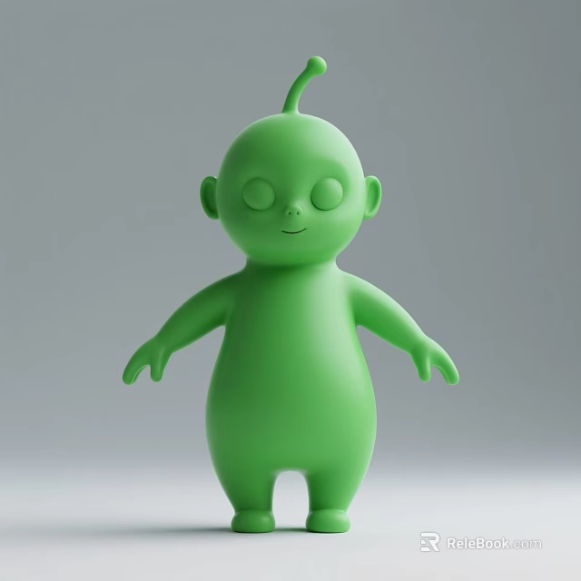 Cute Green Cartoon-like Doll With Small Antenna On Head Simple Design Rounded Shape Closed Eyes 3d model 