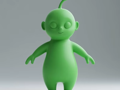 Cute Green Cartoon-like Doll With Small Antenna On Head Simple Design Rounded Shape Closed Eyes 3d model