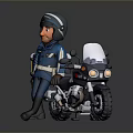 Police Officer In Blue Uniform Standing Next To Patrol Motorcycle With Storage Box