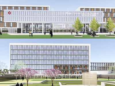 Modern Hospital Building Exterior With Glass Facade Green Space Trees And Pedestrians 3d model