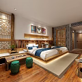 Hotel Guest Room Bathroom With Round Mirror Stone Wall Vanity Green Plant And Pebble Floor