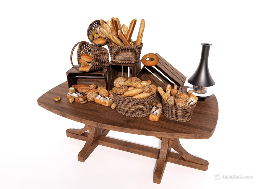 Sweet Shop Assorted Fresh Breads Displayed on Wooden Table with Woven Baskets 3d model