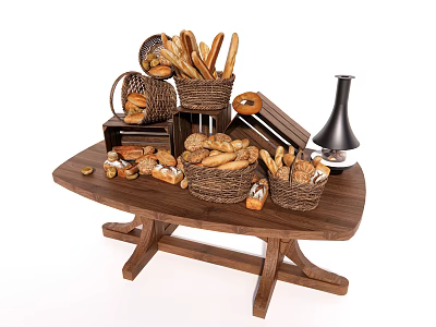 Sweet Shop Assorted Fresh Breads Displayed on Wooden Table with Woven Baskets 3d model