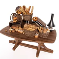 Sweet Shop Assorted Fresh Breads Displayed on Wooden Table with Woven Baskets 3d model