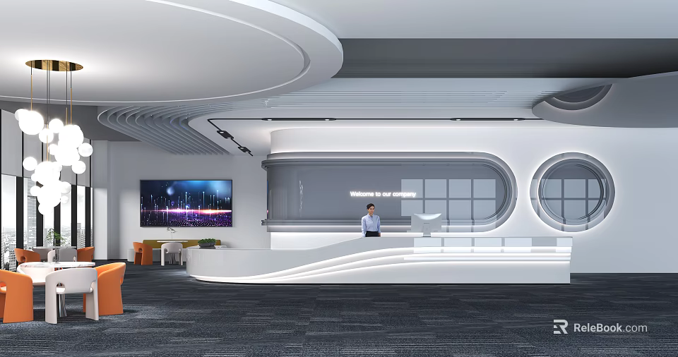 Modern Reception Desk Interior With Person Standing Large Screen And Circular Windows 3d model 