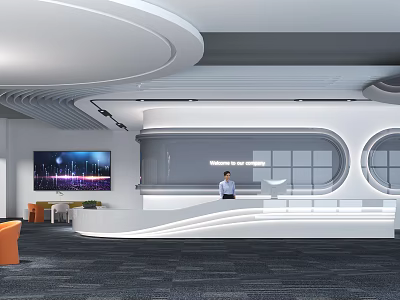 Modern Reception Desk Interior With Person Standing Large Screen And Circular Windows 3d model