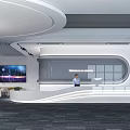 Modern Reception Desk Interior With Person Standing Large Screen And Circular Windows 3d model