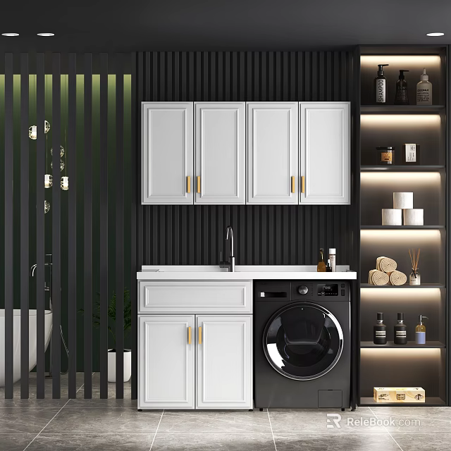 Modern Sink Vanity with White Cabinets Golden Handles Black Vertical Stripe Wall and Washing Machine 3d model 