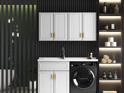 Modern Sink Vanity with White Cabinets Golden Handles Black Vertical Stripe Wall and Washing Machine 3d model