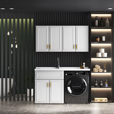 Modern Sink Vanity with White Cabinets Golden Handles Black Vertical Stripe Wall and Washing Machine 3d model