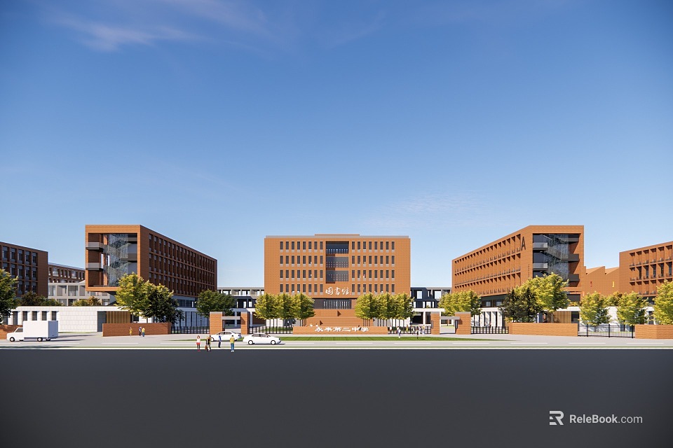 Modern Red Brick School Buildings With Multiple Structures Large Windows And Green Plants 3d model 