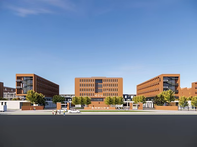 Modern Red Brick School Buildings With Multiple Structures Large Windows And Green Plants 3d model