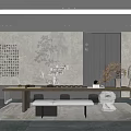 Elegant Tea Room Interior With Gray Calligraphy Wall Long Wooden Table And Stone Sculpture