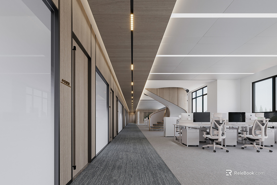 Modern Public Office Area Interior With Desks Computers Office Chairs And Corridor 3d model 