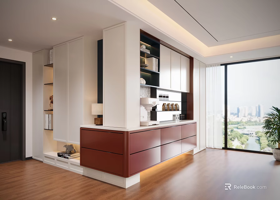 Modern Two Tone Decorative Cabinet With Open Display Shelves And Warm Built In Ambient Lighting 3d model 