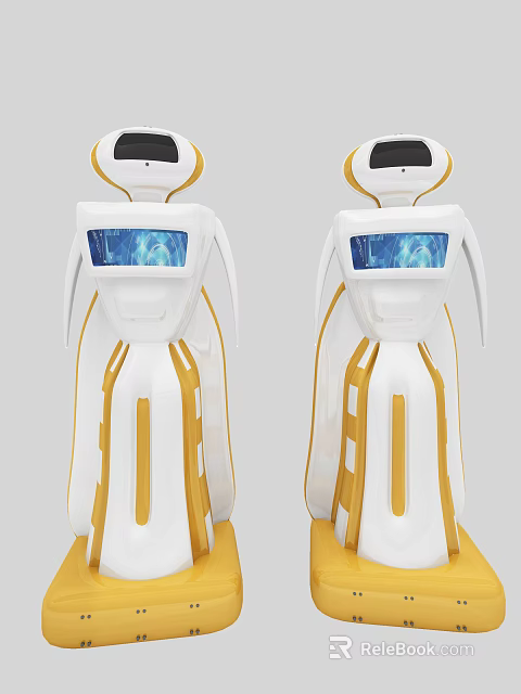 Smart Robots With White And Yellow Design Featuring Interactive Display Screens 3d model