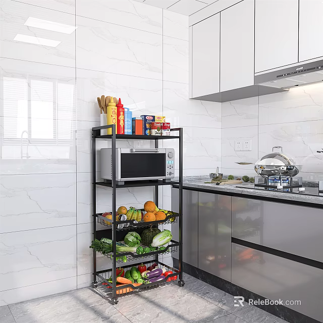 Black Metal Kitchen Multilayer Shelf with Microwave Spices Fruits Vegetables Storage 3d model 