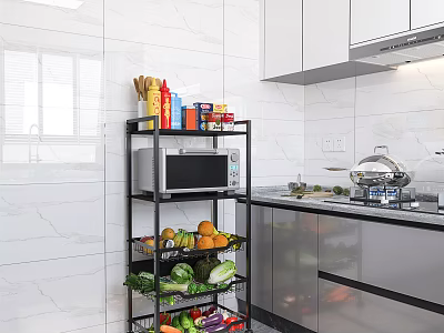 Black Metal Kitchen Multilayer Shelf with Microwave Spices Fruits Vegetables Storage 3d model
