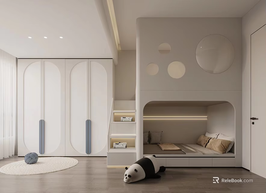 Modern Kids Room Loft Bed White Curved Wardrobe Panda Toy Round Rug Soft Lighting 3d model 