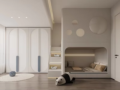 Modern Kids Room Loft Bed White Curved Wardrobe Panda Toy Round Rug Soft Lighting 3d model