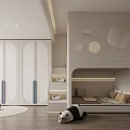 Modern Kids Room Loft Bed White Curved Wardrobe Panda Toy Round Rug Soft Lighting