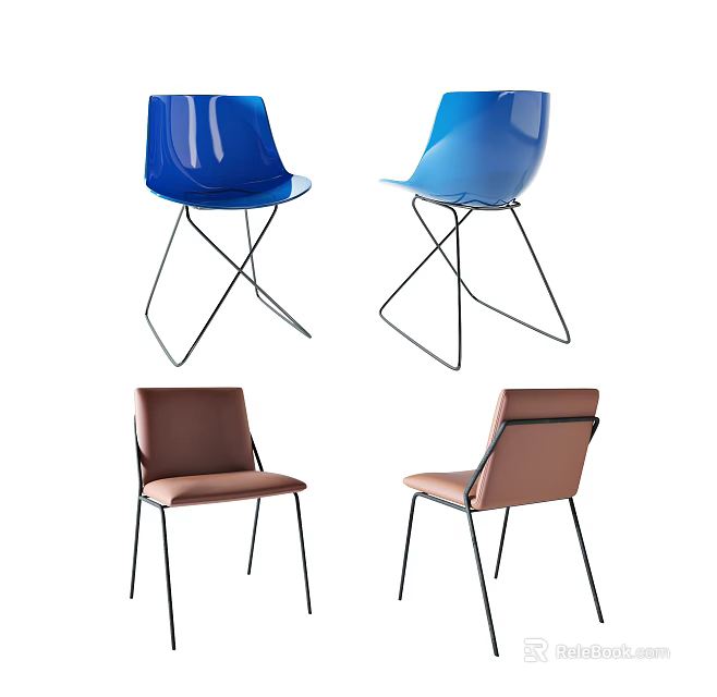 Accent Chairs in Blue Transparent Acrylic and Brown Leather with Modern Metal Legs Design 3d model 