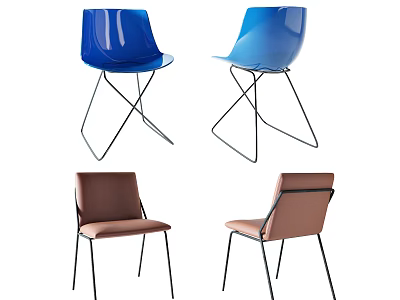 Accent Chairs in Blue Transparent Acrylic and Brown Leather with Modern Metal Legs Design 3d model