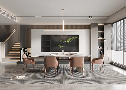 Modern Restaurant Dining Table and Chair Floor Lamp TV Wall Cream Restaurant Stairs TV Cabinet 3d model