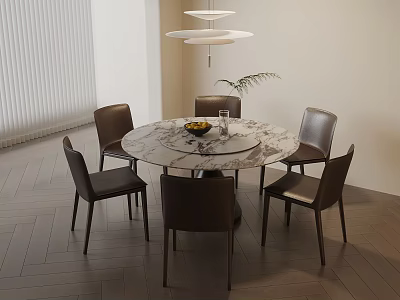 Elegant Dining Room With Round Marble Table Six Dark Chairs And Hanging Lamp 3d model