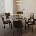 Elegant Dining Room With Round Marble Table Six Dark Chairs And Hanging Lamp