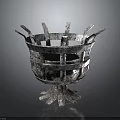 Rustic Metal Decorative Vessel with Square Opening Multi Footed Base and Projecting Top