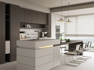 Modern Restaurant Kitchen Interior With Dark Cabinets White Island Hanging Lights And Dining Table 3d model