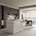 Modern Restaurant Kitchen Interior With Dark Cabinets White Island Hanging Lights And Dining Table