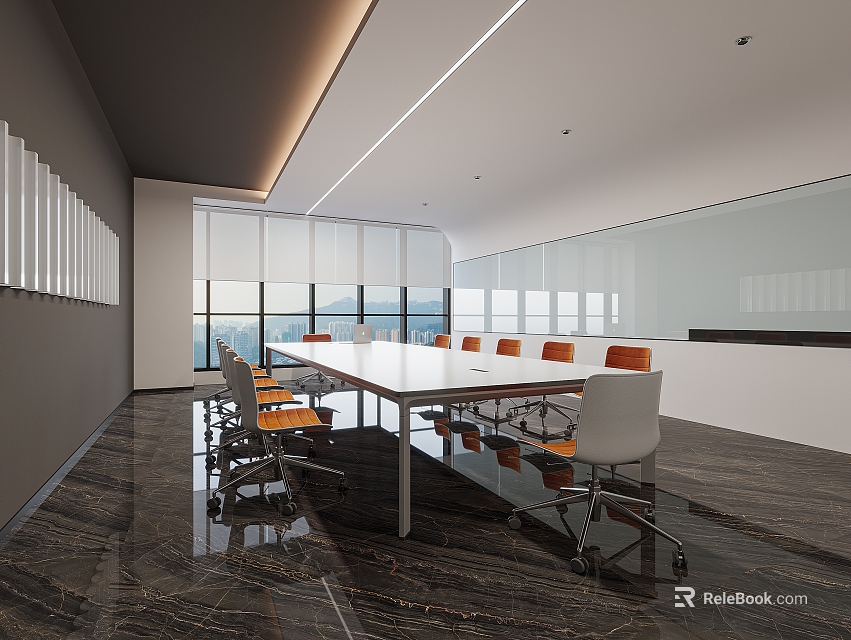 Modern Conference Room With Long Table Orange Chairs Glass Walls And Floor to Ceiling Windows 3d model 