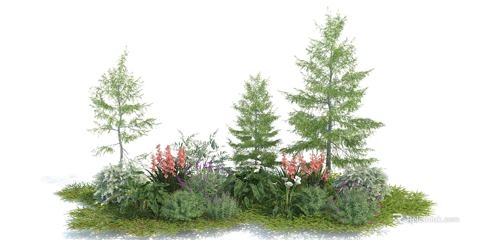 Diverse Garden Plants With Various Trees Shrubs Pink White Flowers Herbs And Green Grass 3d model 
