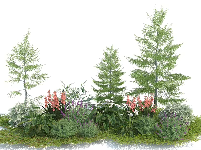 Diverse Garden Plants With Various Trees Shrubs Pink White Flowers Herbs And Green Grass 3d model