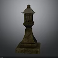 Traditional Japanese Stone Lantern With Square Base Cylindrical Pillar And Decorative Top Lattice Design