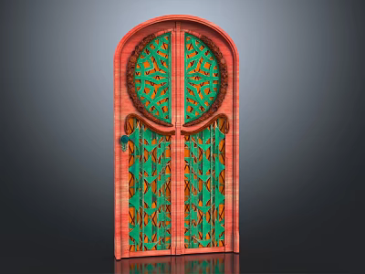Arched Entrance Door With Red Frame And Green Intricate Patterned Panels 3d model